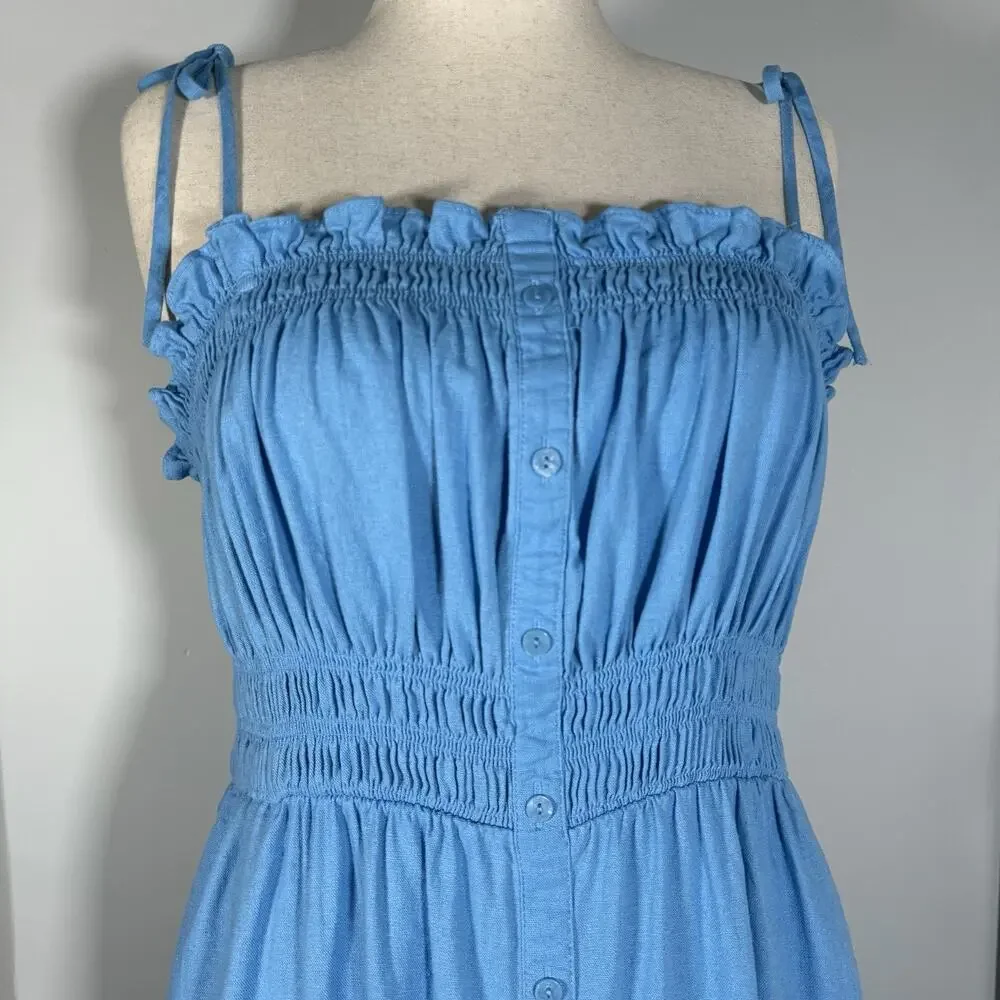 Blue Smocked Midi Dress Faux Button Front Linen Blend Boho Coastal Minimalist XL - Picture 4 of 15